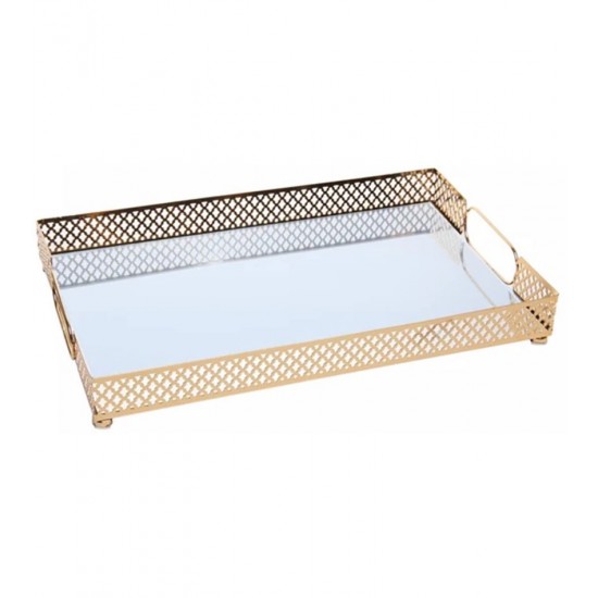 Bandeja 38cm X 24cm X 5cm Com Espelho Marbella  Dourada Metal